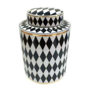 Bote con Tapa Ceramica Ajedrez Negro/Blanco