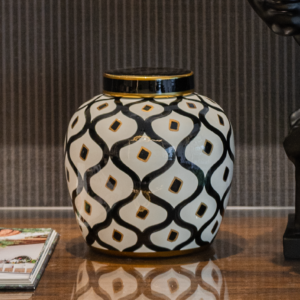 Jarron con Tapa Lagos Ceramica Blanca/Negro/Gold
